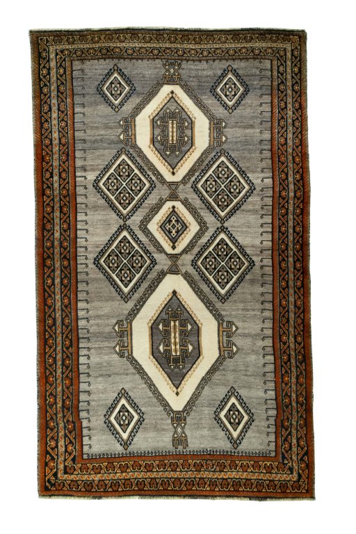Full view of 2000s Shiraz rug from Iran / Persia, 248 × 150 cm in Beige tones