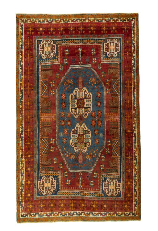 Full view of 2000s Shiraz rug from Iran / Persia, 245 × 148 cm in Red tones