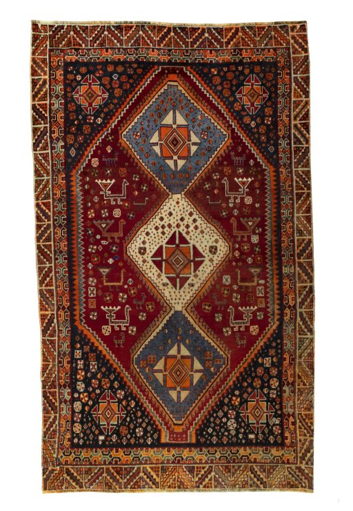 Full view of 2000s Shiraz rug from Iran / Persia, 244 × 147 cm in Red tones