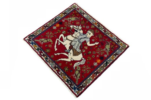 Corner detail of 2000s Shiraz rug showing border pattern and Wool pile