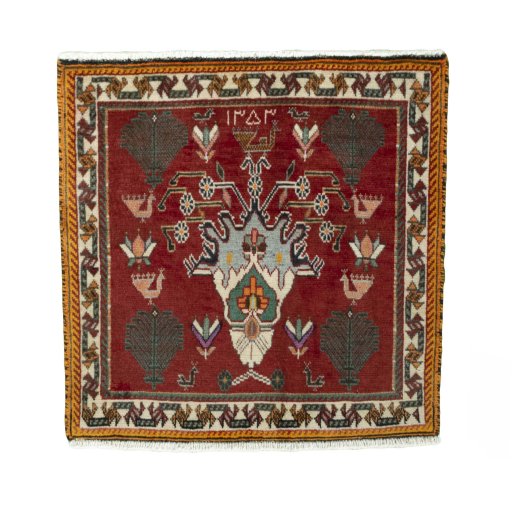 Full view of 2000s Shiraz rug from Iran / Persia, 60 × 58 cm in Red tones