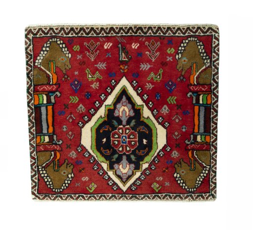 Full view of 2000s Shiraz rug from Iran / Persia, 70 × 75 cm in Red tones