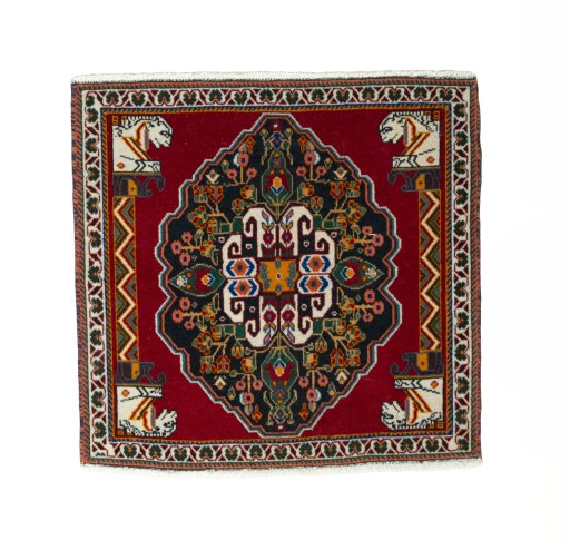 Full view of 2000s Shiraz rug from Iran / Persia, 63 × 65 cm in Red tones