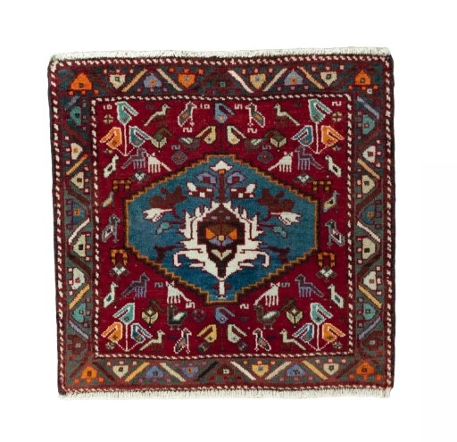Full view of 2000s Shiraz rug from Iran / Persia, 64 × 66 cm in Red tones