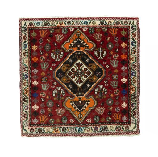 Full view of 2000s Shiraz rug from Iran / Persia, 65 × 65 cm in Red tones