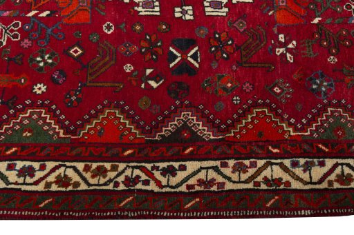Full view of 2000s Shiraz rug from Iran / Persia, 241 × 162 cm in Red tones