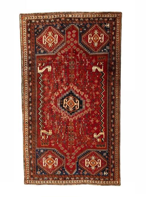 Full view of 2000s Shiraz rug from Iran / Persia, 260 × 150 cm in Red tones