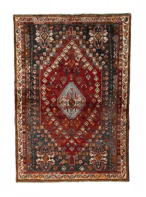 Full view of 2000s Shiraz rug from Iran / Persia, 171 × 118 cm in Red tones