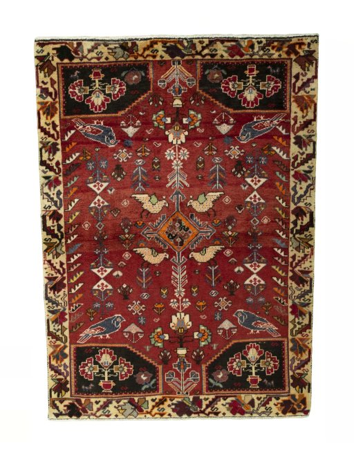 Full view of 2000s Shiraz rug from Iran / Persia, 159 × 115 cm in Red tones