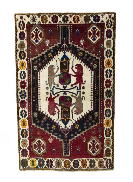 Full view of 2000s Shiraz rug from Iran / Persia, 214 × 135 cm in Multi Color tones