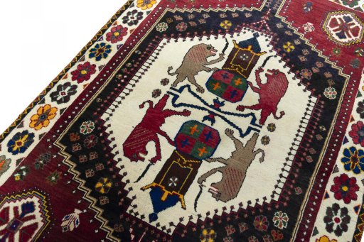 Backside of handmade 2000s Shiraz rug showing knot structure and weave density