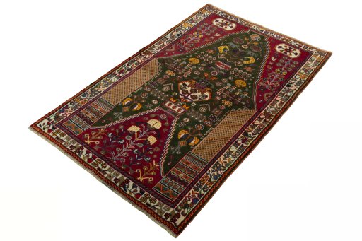 Corner detail of 2000s Shiraz rug showing border pattern and Wool pile
