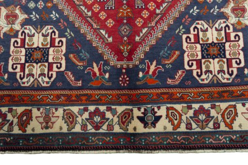 Full view of 1970s Shiraz rug from Iran / Persia, 250 × 162 cm in Red tones
