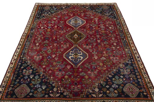 Surface texture of 1970s Shiraz rug with natural Wool and intricate pattern