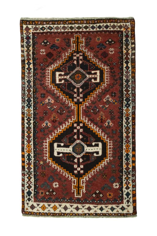 Full view of 2000s Shiraz rug from Iran / Persia, 124 × 72 cm in Red tones
