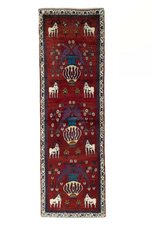 Full view of 2000s Shiraz rug from Iran / Persia, 235 × 73 cm in Red tones