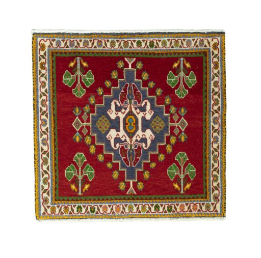 Full view of 2000s Shiraz rug from Iran / Persia, 61 × 63 cm in Red tones