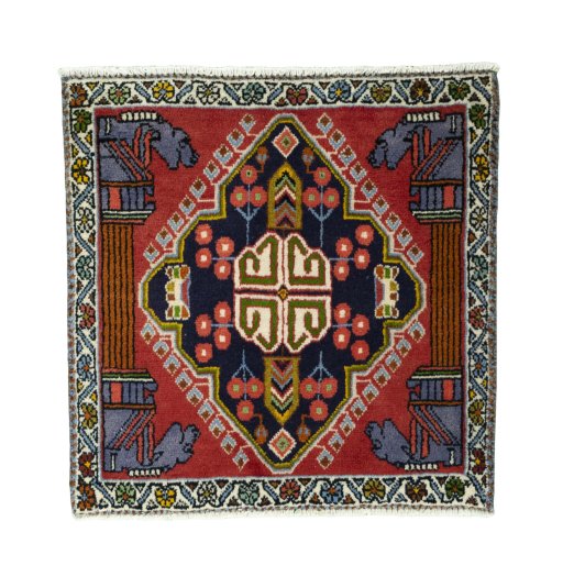 Full view of 2000s Shiraz rug from Iran / Persia, 60 × 60 cm in Red tones