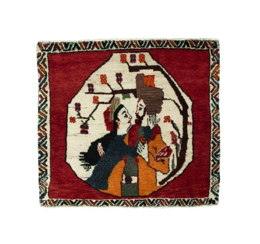 Full view of 2000s Shiraz rug from Iran / Persia, 60 × 63 cm in Red tones