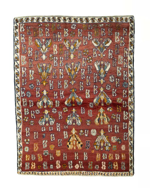 Full view of 2000s Shiraz rug from Iran / Persia, 153 × 118 cm in Red tones