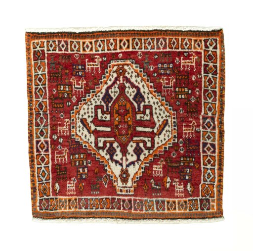 Full view of 2000s Shiraz rug from Iran / Persia, 60 × 63 cm in Red tones