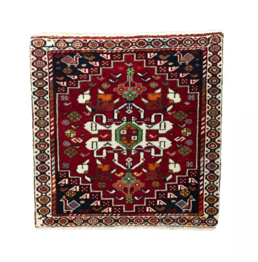 Full view of 2000s Shiraz rug from Iran / Persia, 63 × 62 cm in Red tones