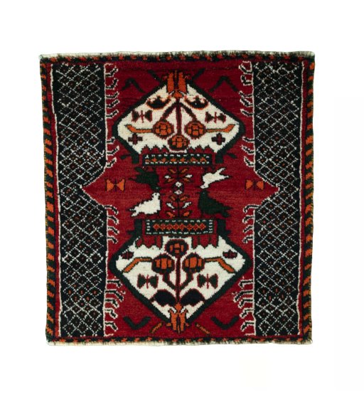 Full view of 2000s Shiraz rug from Iran / Persia, 64 × 60 cm in Red tones