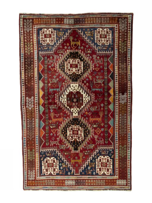 Full view of 2000s Shiraz rug from Iran / Persia, 268 × 174 cm in Red tones