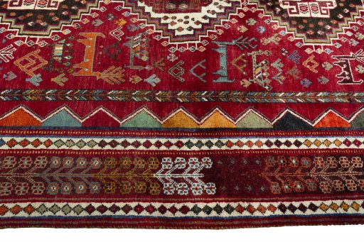 Full view of 2000s Shiraz rug from Iran / Persia, 268 × 174 cm in Red tones