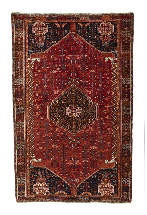 Full view of 2000s Shiraz rug from Iran / Persia, 259 × 166 cm in Red tones