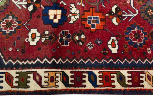 Full view of 2000s Shiraz rug from Iran / Persia, 153 × 120 cm in Red tones