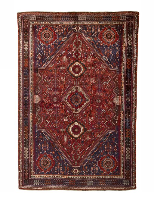 Full view of 1970s Shiraz rug from Iran / Persia, 274 × 183 cm in Red tones