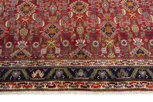 Full view of 2000s Shiraz rug from Iran / Persia, 307 × 213 cm in Red tones