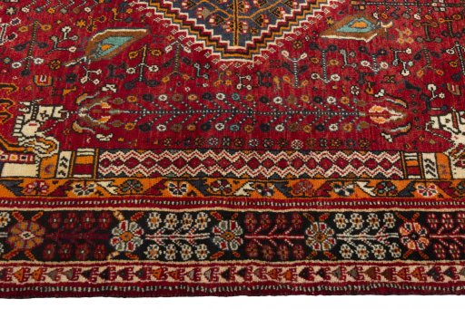 Full view of 2000s Shiraz rug from Iran / Persia, 248 × 155 cm in Red tones
