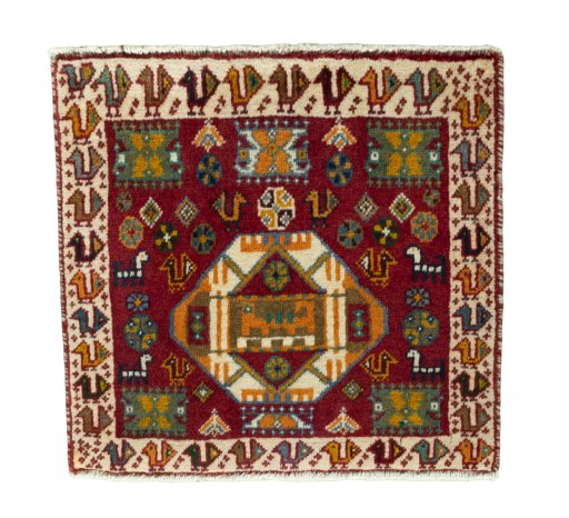 Full view of 2000s Shiraz rug from Iran / Persia, 50 × 52 cm in Red tones