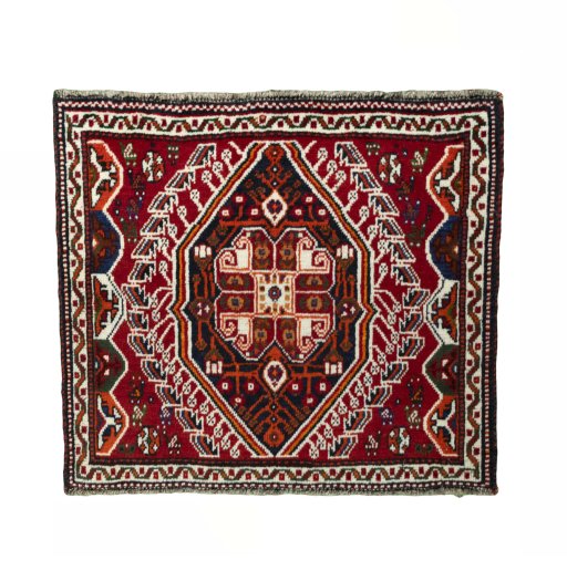 Full view of 2000s Shiraz rug from Iran / Persia, 57 × 64 cm in Red tones