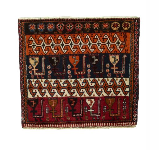 Full view of 2000s Shiraz rug from Iran / Persia, 56 × 62 cm in Red tones
