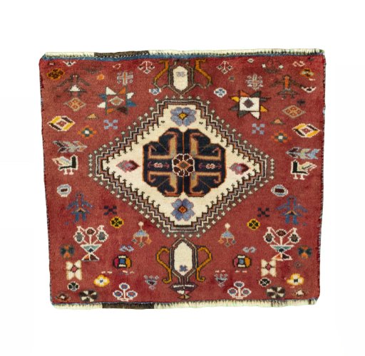 Full view of 2000s Shiraz rug from Iran / Persia, 50 × 56 cm in Red tones