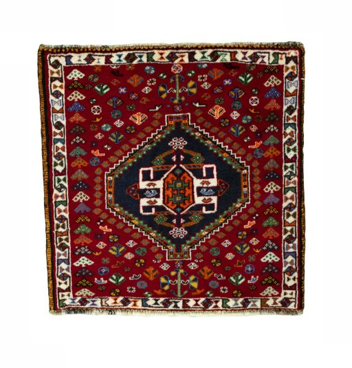 Full view of 2000s Shiraz rug from Iran / Persia, 65 × 65 cm in Red tones