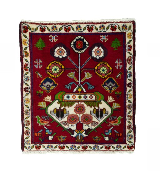 Full view of 2000s Shiraz rug from Iran / Persia, 63 × 57 cm in Red tones