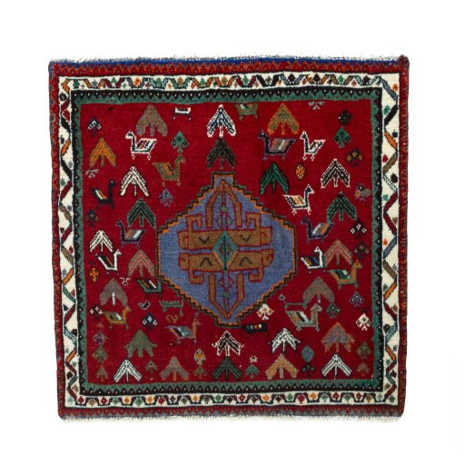 Full view of 2000s Shiraz rug from Iran / Persia, 61 × 60 cm in Red tones