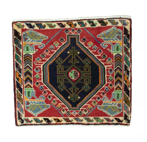Full view of 2000s Shiraz rug from Iran / Persia, 57 × 66 cm in Red tones
