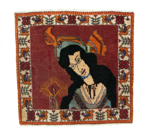 Full view of 2000s Shiraz rug from Iran / Persia, 56 × 59 cm in Red tones