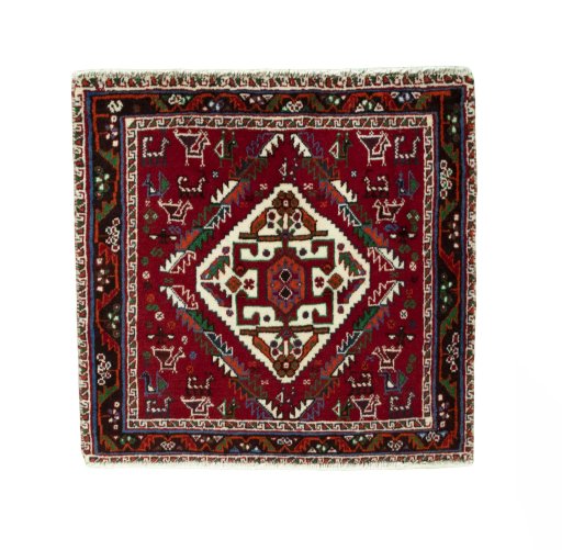 Full view of 2000s Shiraz rug from Iran / Persia, 60 × 62 cm in Red tones
