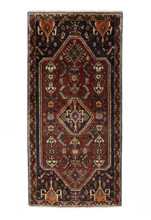 Full view of 2000s Shiraz rug from Iran / Persia, 148 × 73 cm in Red tones