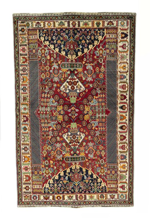 Full view of 2000s Shiraz rug from Iran / Persia, 280 × 173 cm in Red tones