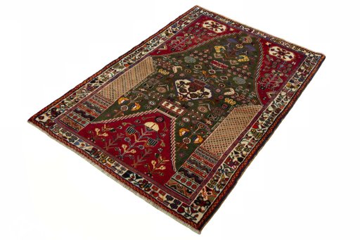 Corner detail of 2000s Shiraz rug showing border pattern and Wool pile