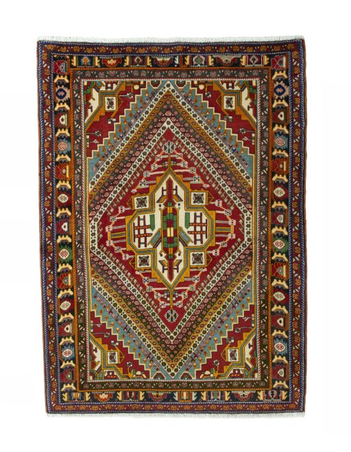 Full view of 2000s Shiraz rug from Iran / Persia, 151 × 109 cm in Red tones