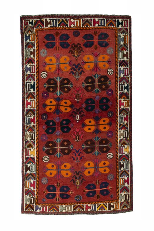 Full view of 2000s Shiraz rug from Iran / Persia, 222 × 124 cm in Red tones