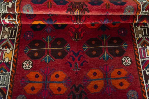 Full view of 2000s Shiraz rug from Iran / Persia, 222 × 124 cm in Red tones